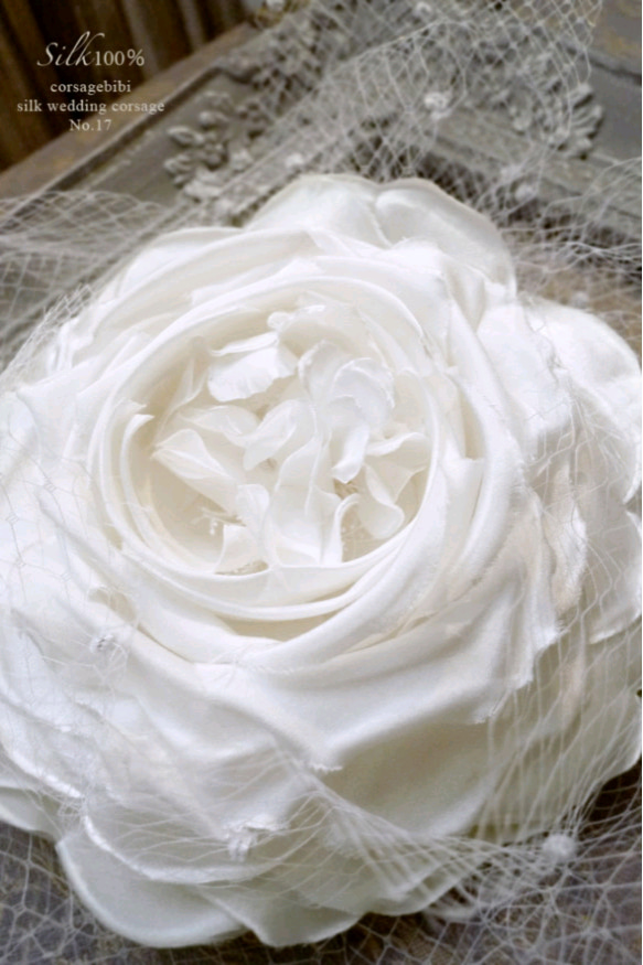 シルク100%絹Silk 大輪 ヘッド コサージュロゼット咲きバラ バードケージベール ウェディング ヘッドドレス17 5枚目の画像