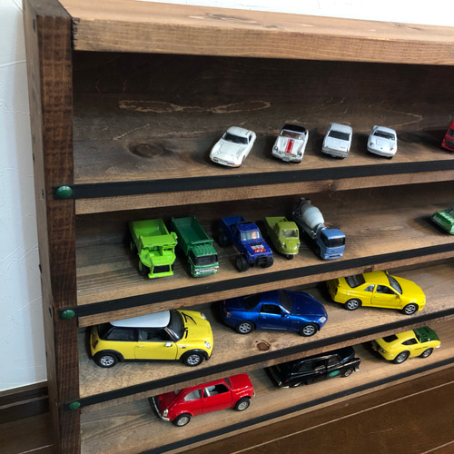 アンティークガレージ・トミカ4段収納棚・ミニカー収納