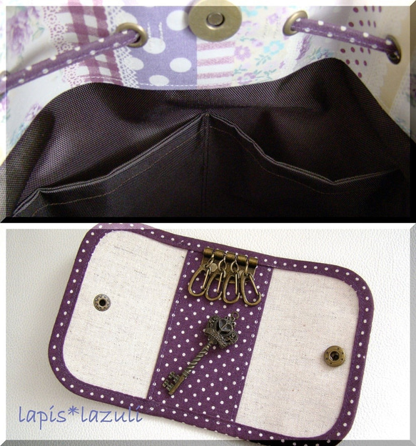 フラワーストライプ柄と紫ドットの巾着バッグセット／b-560 4枚目の画像