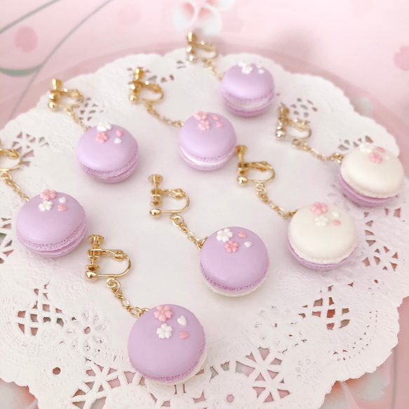 パープルさくら和マカロン❤︎イヤリング/ピアス両耳 イヤリング
