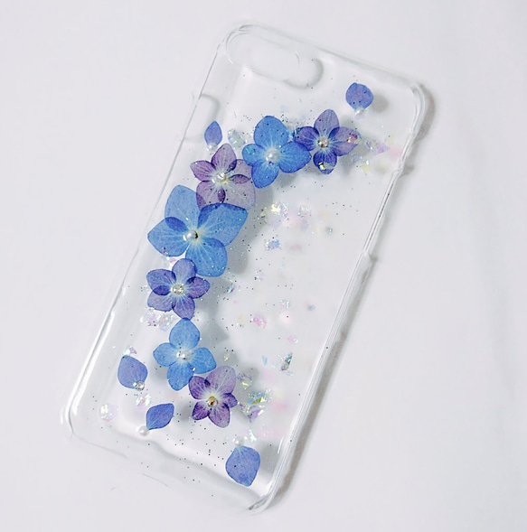 【新作】押し花スマホケース ハーフリース2紫陽花 ネオン付き iPhone以外の方 2枚目の画像