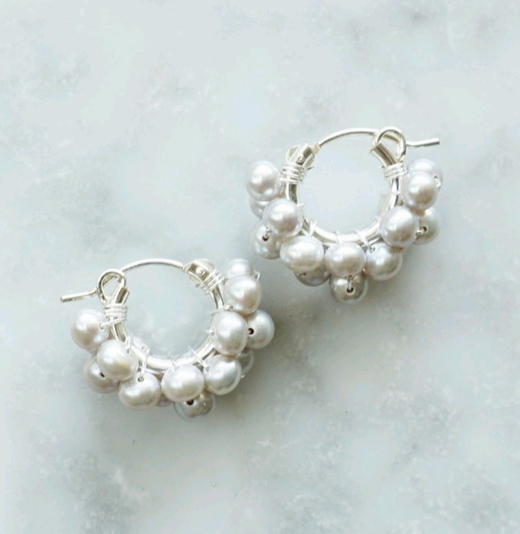 送料無料SV925SF*Freshwater pearls wrapped pierced earring SV 6枚目の画像