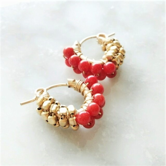 即納/送料無料14kgf*Red Coral gold bi-color wrapped pierced earring 1枚目の画像