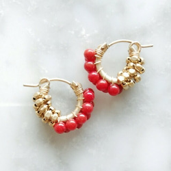 即納/送料無料14kgf*Red Coral gold bi-color wrapped pierced earring 2枚目の画像