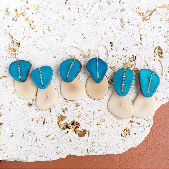 14kgf Turquoise Beige Tagua Nuts slices earrings タグア 3枚目の画像