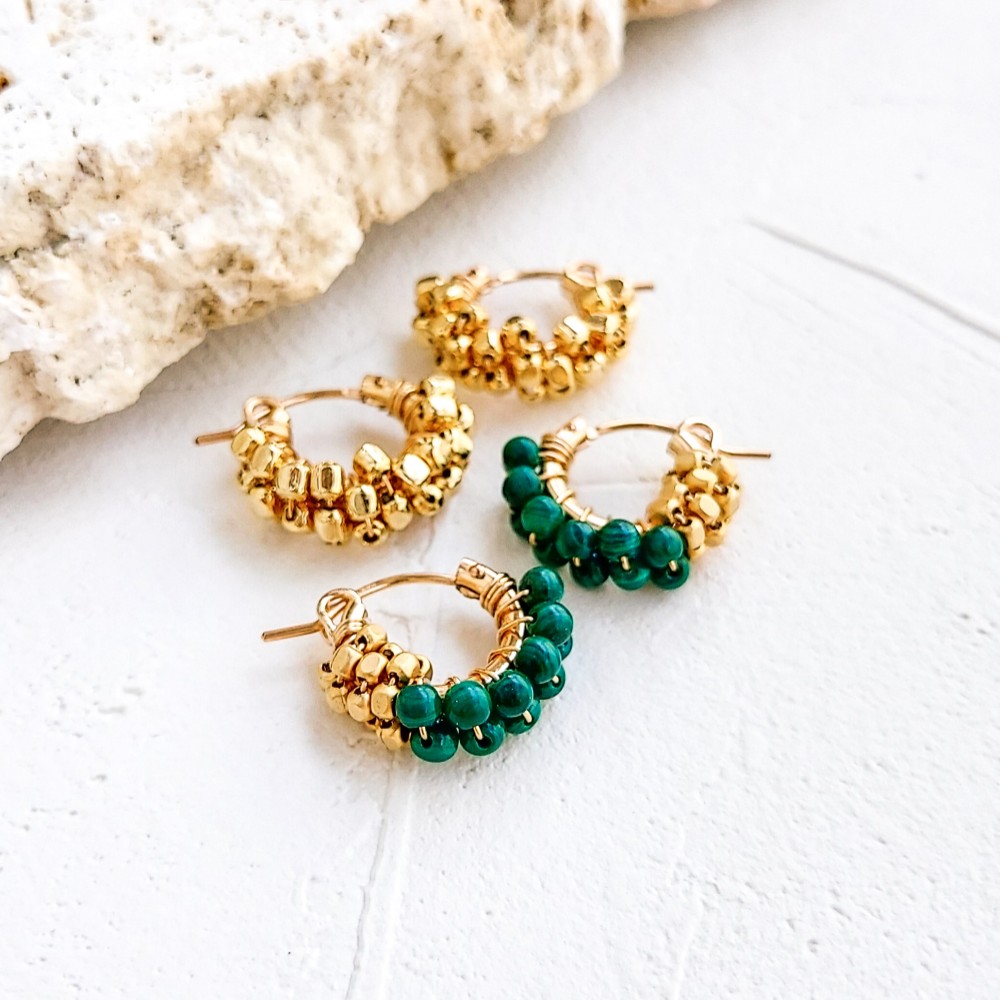 数量限定秋の福袋14kgf Malachite + Gold square wrapped earring set