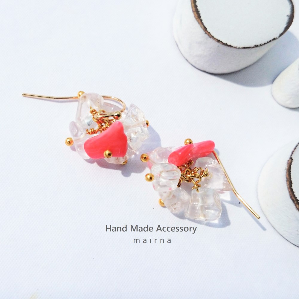 送料無料14kgf*coral pink＊crushed ice pierce／earring