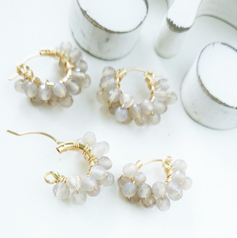 送料無料14kgf Gray Chalcedony wrapped pierced earring/earring