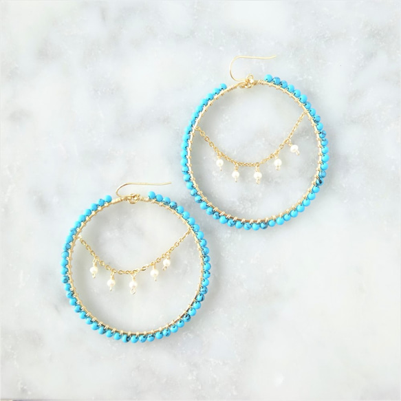 14kgfTurquoise*pearl chandelier wrapped pierce／earring 第2張的照片