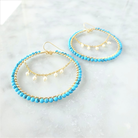 14kgfTurquoise*pearl chandelier wrapped pierce／earring 第3張的照片