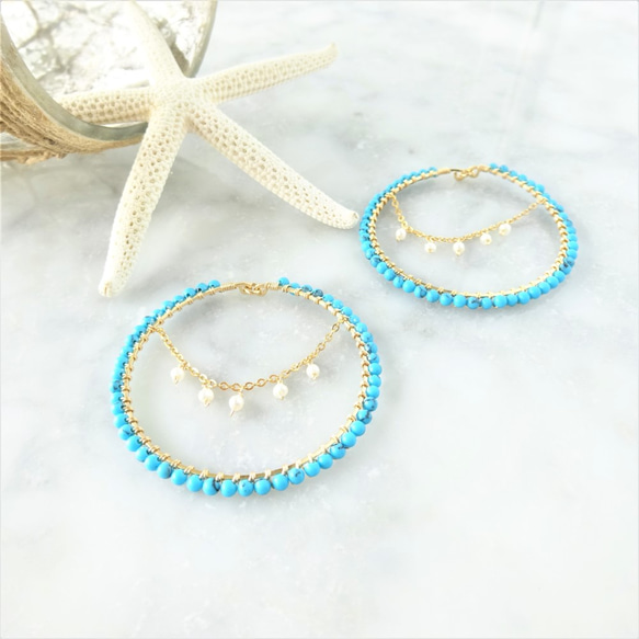 14kgfTurquoise*pearl chandelier wrapped pierce／earring 第1張的照片