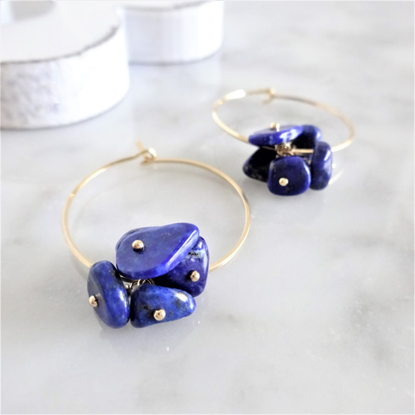 送料無料14kgf*Lapis lazuli＊flowers hoop pierce／earring 6枚目の画像