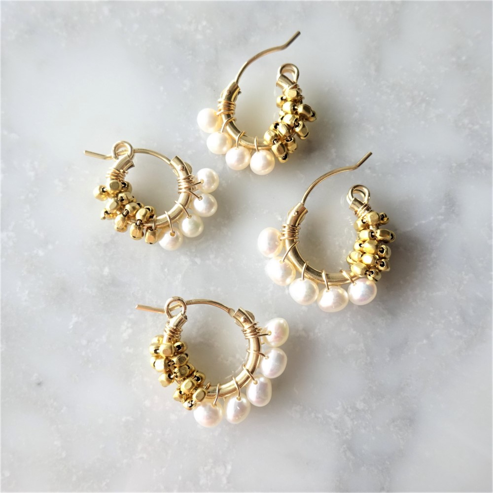即納/送料無料Freshwater Pearl gold bi-color wraped earring／pierced