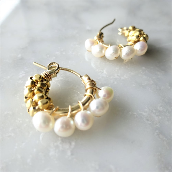 即納/送料無料Freshwater Pearl gold bi-color wraped earring／pierced 3枚目の画像