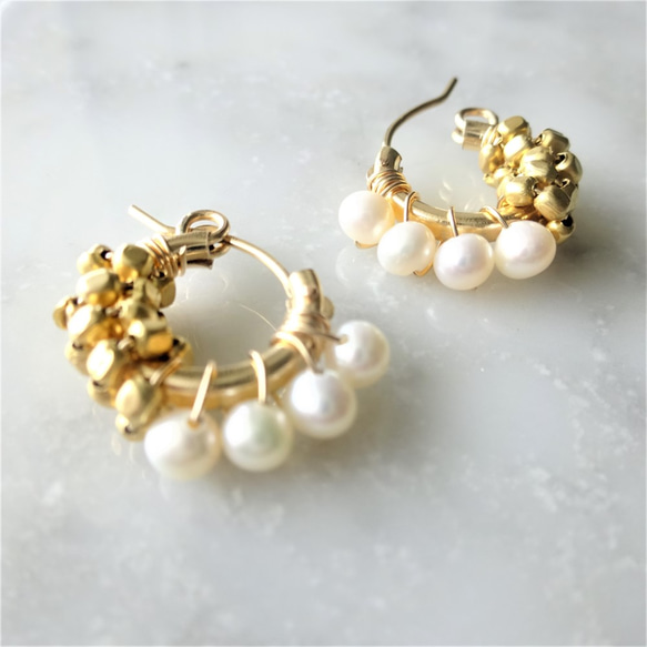 即納/送料無料Freshwater Pearl gold bi-color wraped earring／pierced 4枚目の画像
