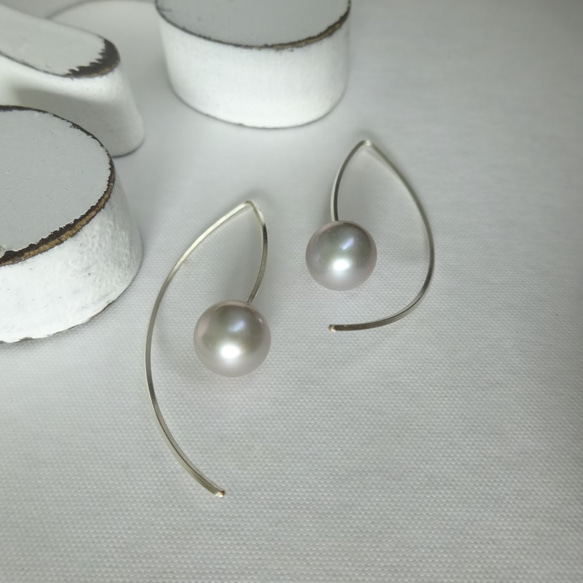 送料無料SV925SF big round silver pearl marquis pierced earring 4枚目の画像