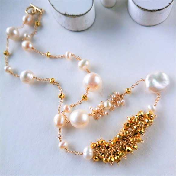 14kgf*Pearl × gold Pyrite station necklace 1枚目の画像