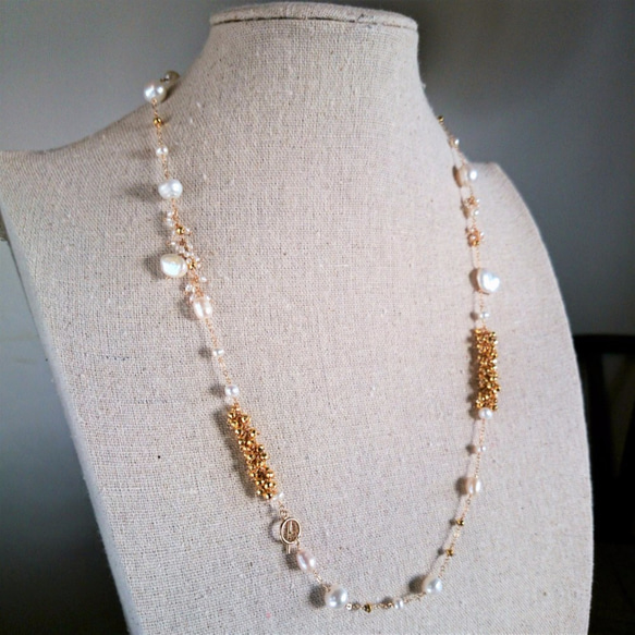 14kgf*Pearl × gold Pyrite station necklace 3枚目の画像