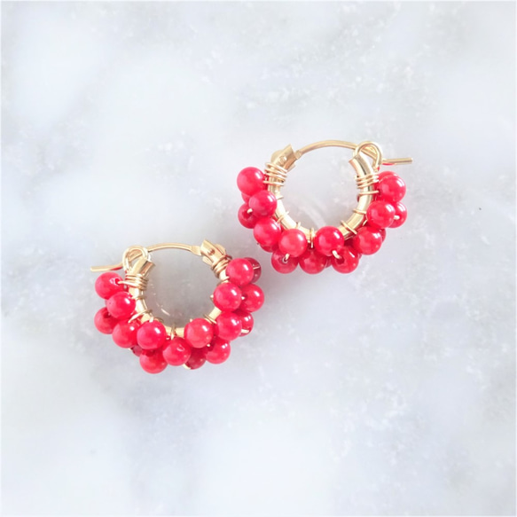 送料無料14kgf Red Coral*wrapped pierced earring/earring 3枚目の画像