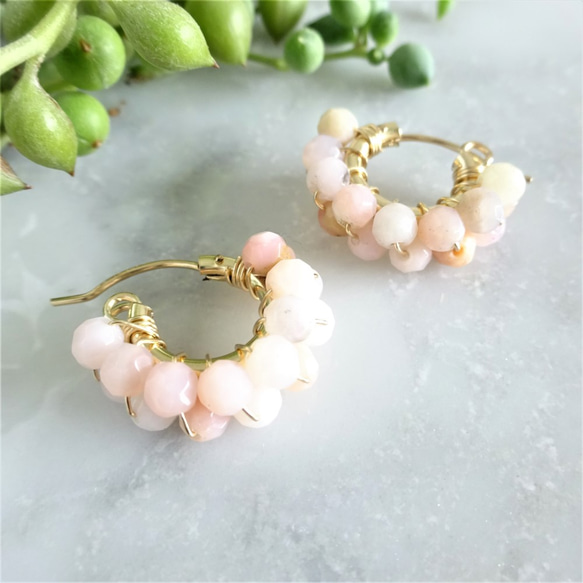 免運14kgf*Pink Opal wrapped pierced earring / earring 第2張的照片