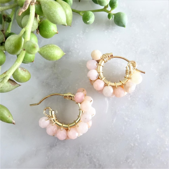 免運14kgf*Pink Opal wrapped pierced earring / earring 第1張的照片