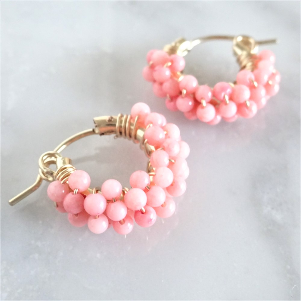 送料無料 14kgf*Pink Coral pavé pierced earring / earring