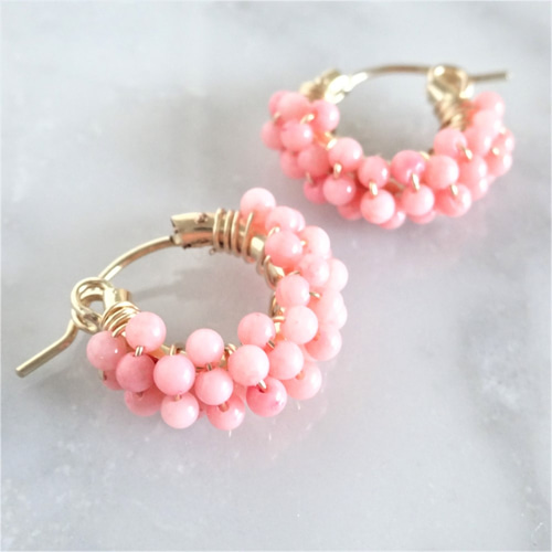 Kaya◆ラブラドライト×ピンクスピネルピアス✧14kgf 14kgf Pink Coral pave pierced earrings / clip on ピアス（フープ