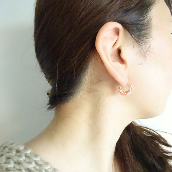 免運14kgf*Pink Coral pavé pierced earring / earring 第4張的照片