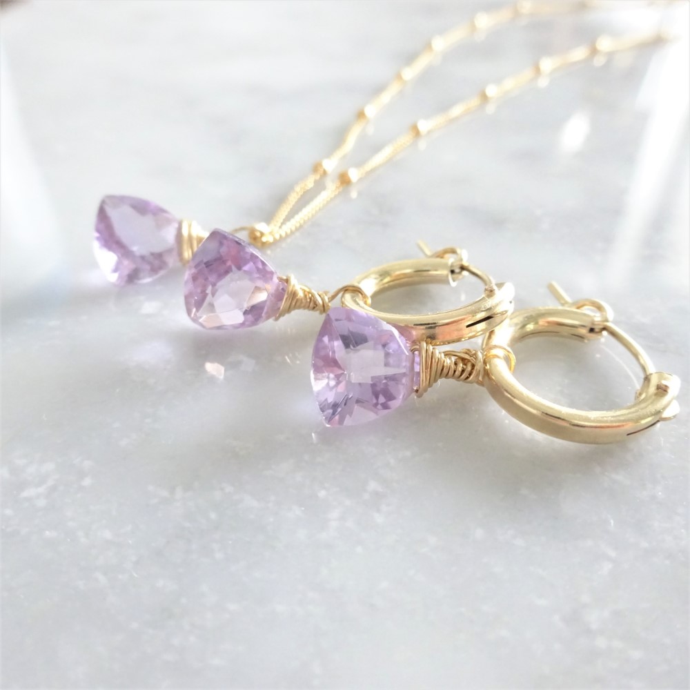 送料無料14kgf 宝石質 Pink Amethyst Triangl pierced earring /earring