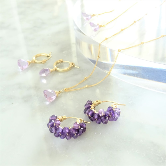 免運14kgf*宝石質 Pink Amethyst Triangl pierced earring /earri 第6張的照片