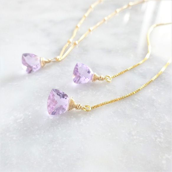 免運14kgf*宝石質 Pink Amethyst Triangl necklace 第1張的照片