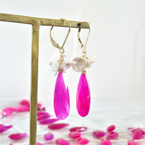 送料無料 14kgf Fuchsia Pink Chalcedony Blooming pierced earri** 4枚目の画像