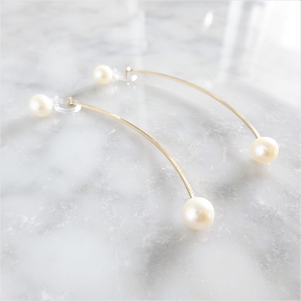 送料無料14kgf*Freshwater pearls arrow non-hole earring(both ends