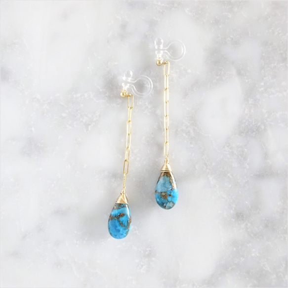 免運14kgf*Blue Paraiba Copper Turquoise pierced earring可変耳夾 第4張的照片