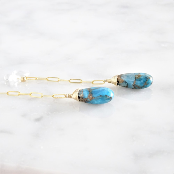 免運14kgf*Blue Paraiba Copper Turquoise pierced earring可変耳夾 第7張的照片