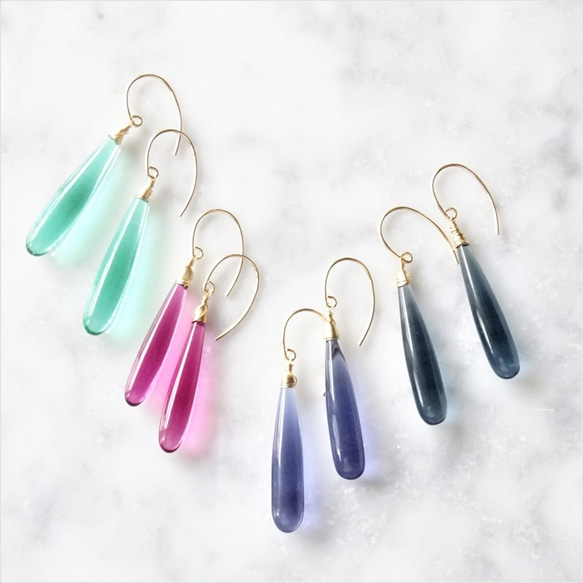 送料無料14kgf Quartz drop pierced earring PINK 3枚目の画像