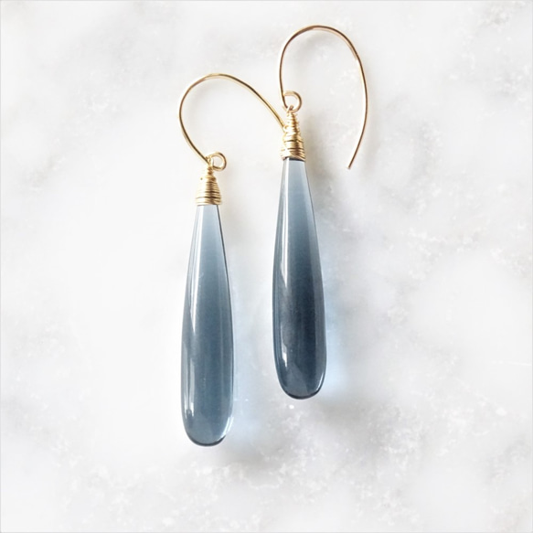 送料無料14kgf Quartz drop pierced earrings DARK BLUE 2枚目の画像