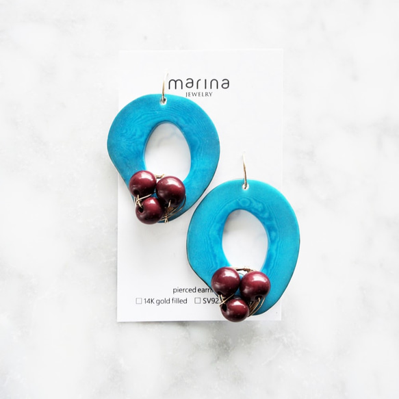 免運14kgf Turquoise x Wine Tagua Nuts pierced earring / earrin 第6張的照片