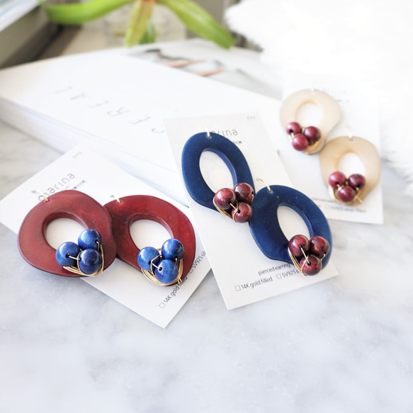 14kgf Wine x  Navy Tagua Nuts pierced earring タグア 1枚目の画像