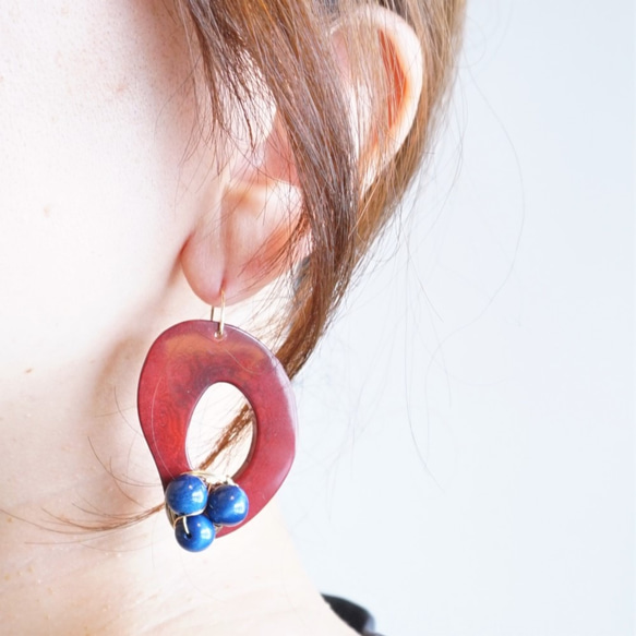 14kgf Wine x  Navy Tagua Nuts pierced earring タグア 6枚目の画像