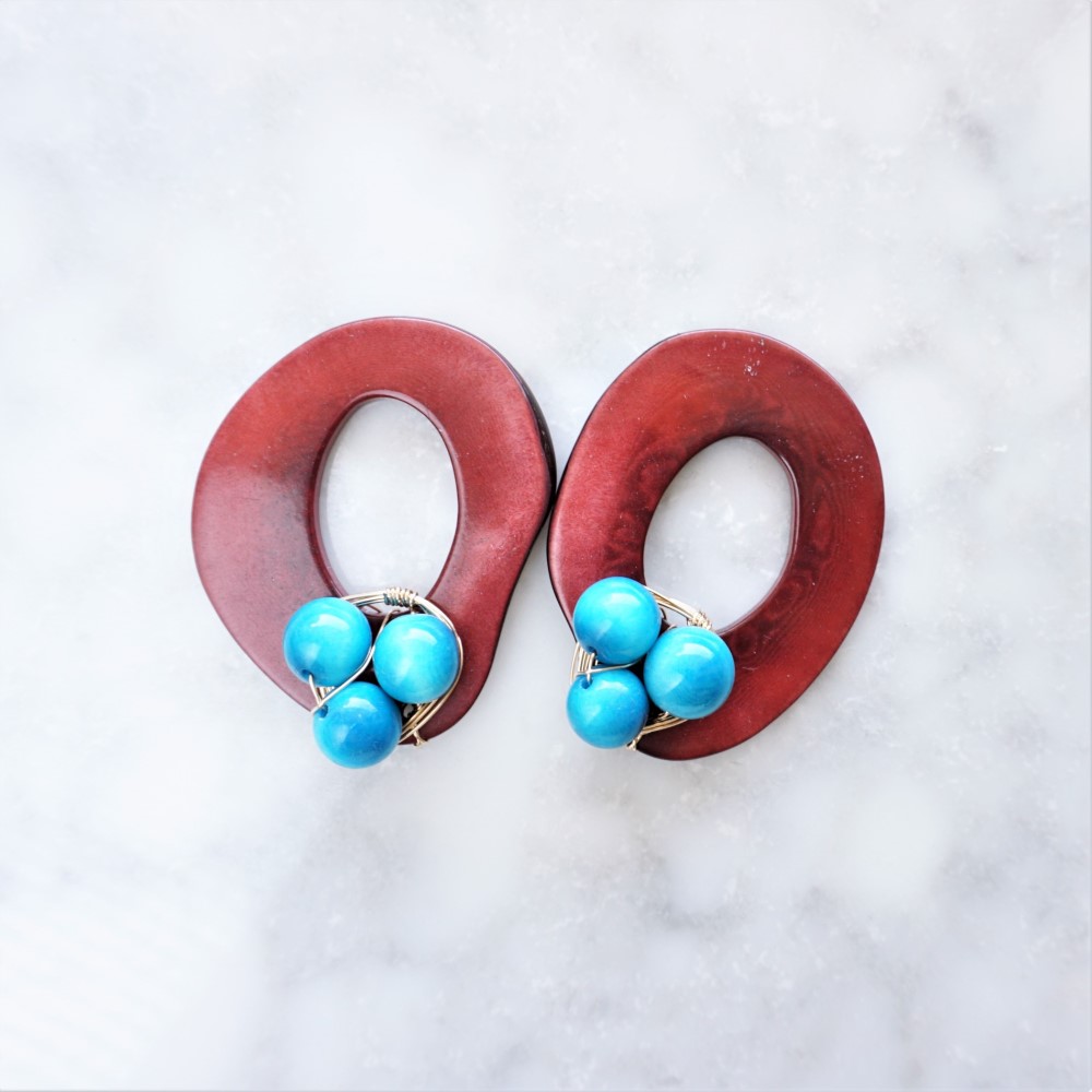 14kgf Wine x Turquoise Tagua Nuts pierced earring/タグア