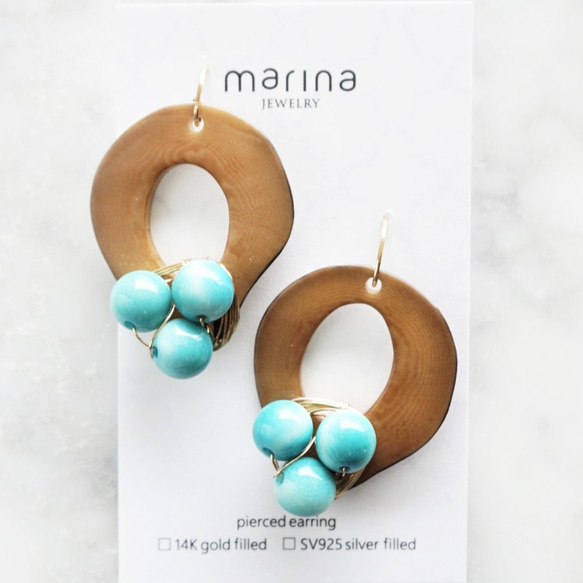 14kgf Wine x Turquoise Tagua Nuts pierced earring/タグア 4枚目の画像