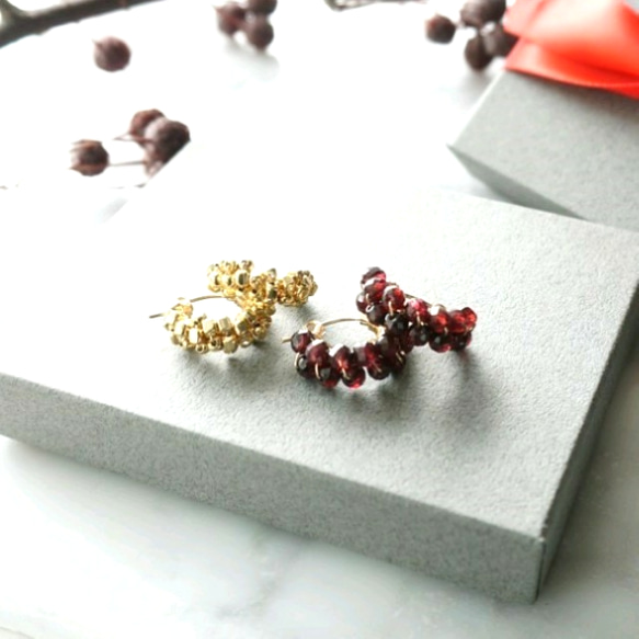 即納/送料無料 14kgfGarnet+Gold square metal wrapped pierce set 2枚目の画像