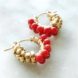 即納/送料無料14kgf*Red Coral gold bi-color wraped pierced earring 1枚目の画像