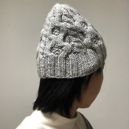 アルパカ混 ハニカムとケーブル模様のニット帽 ライトグレー ニット帽