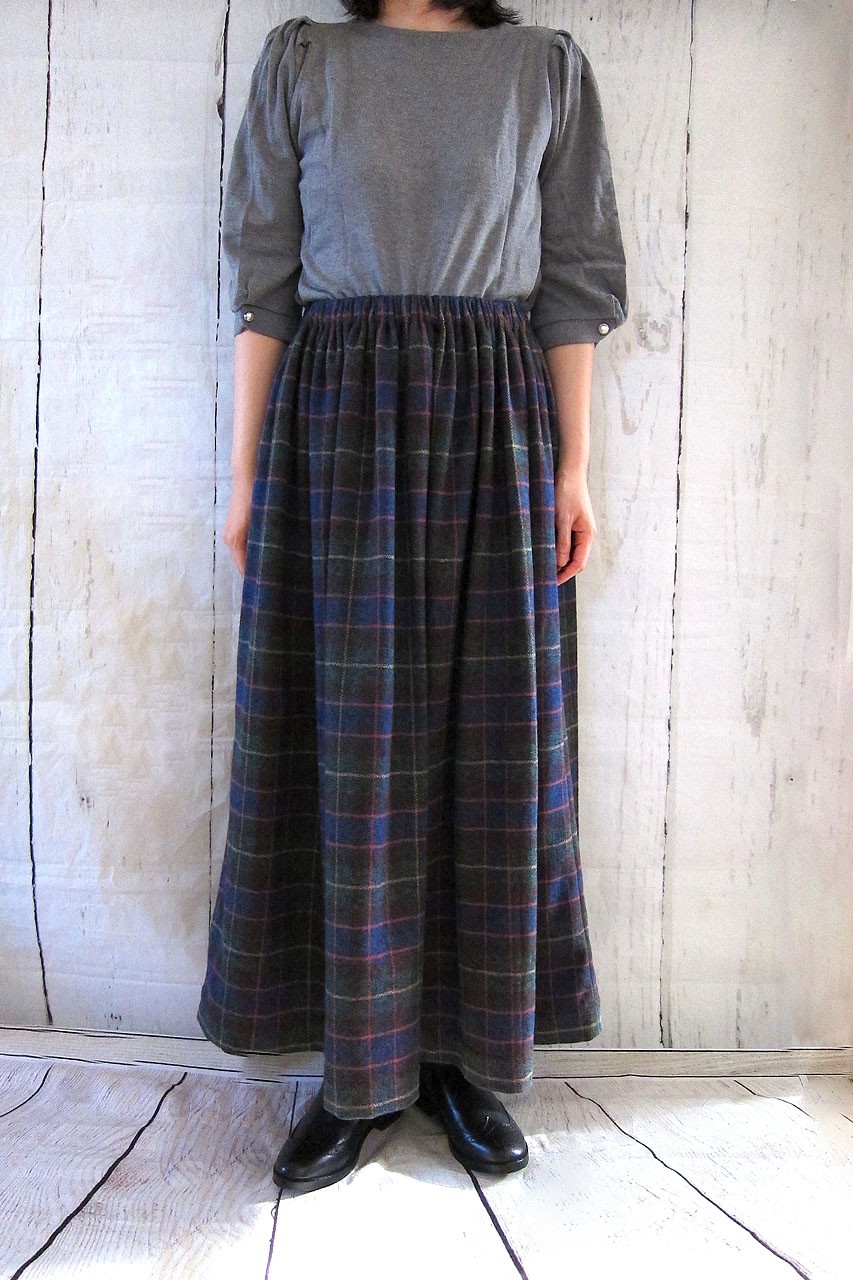 【受注制作】コットンツイードのタータンチェックのロングスカート グリーン