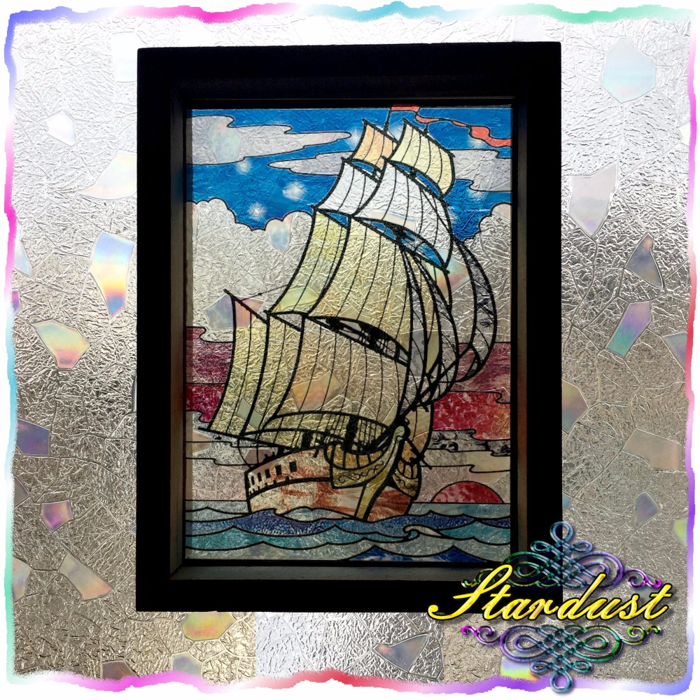ステンドグラスパネル　帆船　ヨット　ヴィンテージ 額装　現状品 ステンドグラス ミニパネル 帆船 15cm | iichi 日々の暮らしを