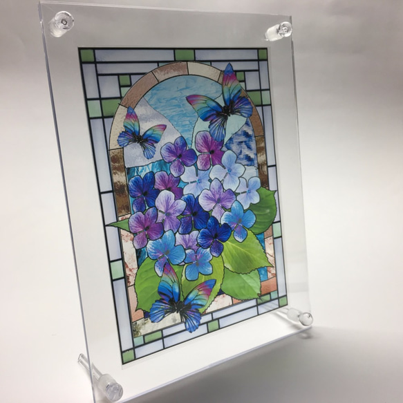 [再販]あじさいと蝶のステンドグラス風壁掛けアクセサリー 3枚目の画像