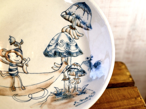 青と茶呉須絵皿　パスタ皿 2枚目の画像