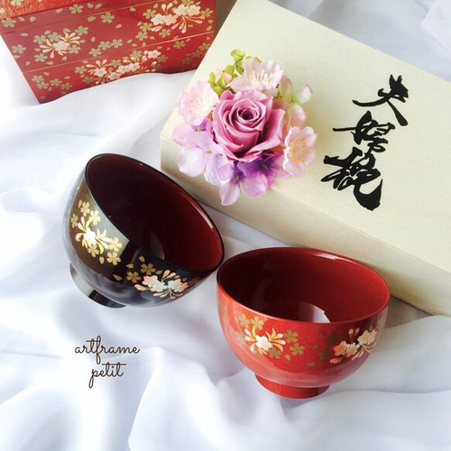 【国内正規品】 ペア山中漆器汁椀＆プチアレンジ＊木箱入り プリザーブド 工芸品